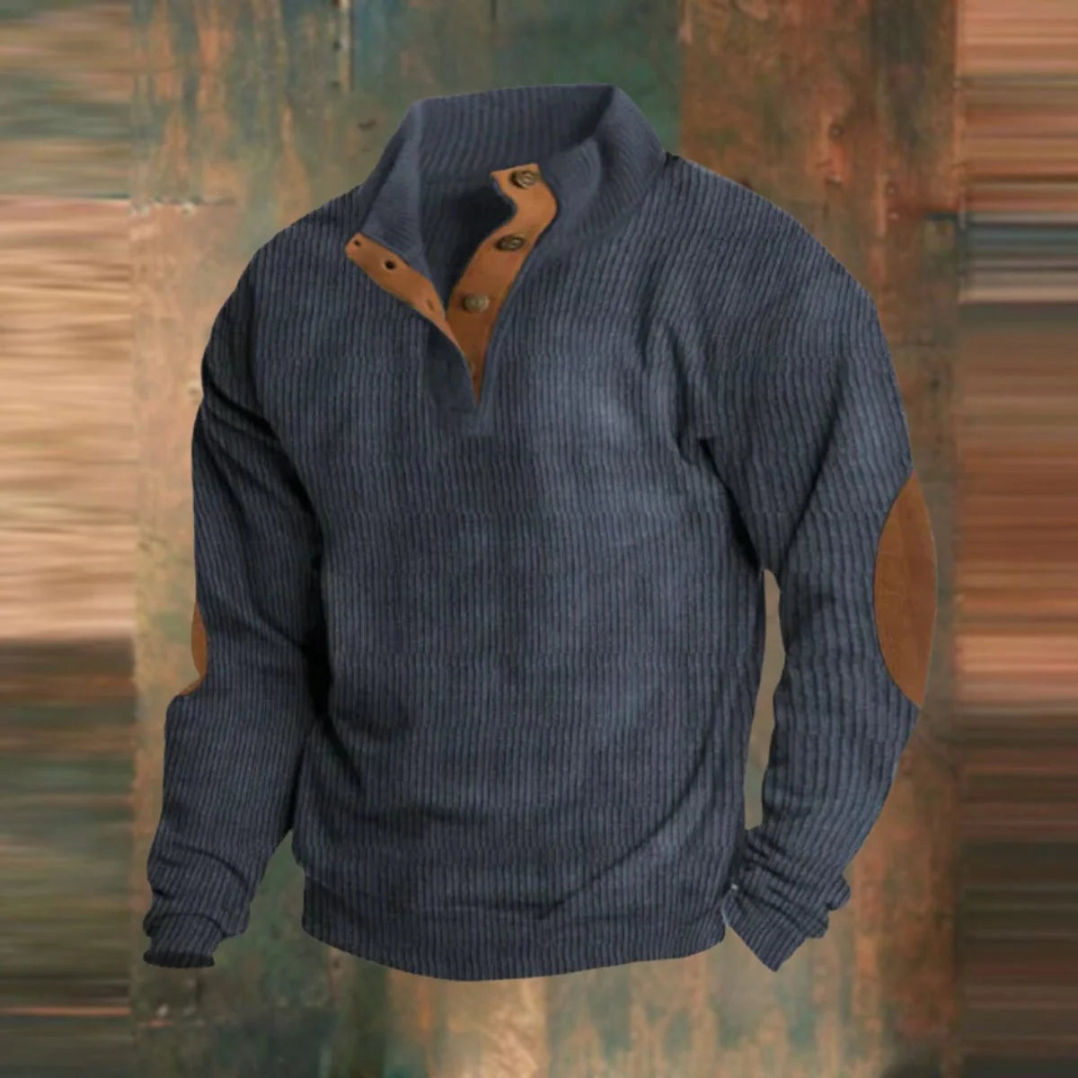 Nuana | Herren Retro Rippstrick Pullover mit Knopfkragen und Ellbogenpatches