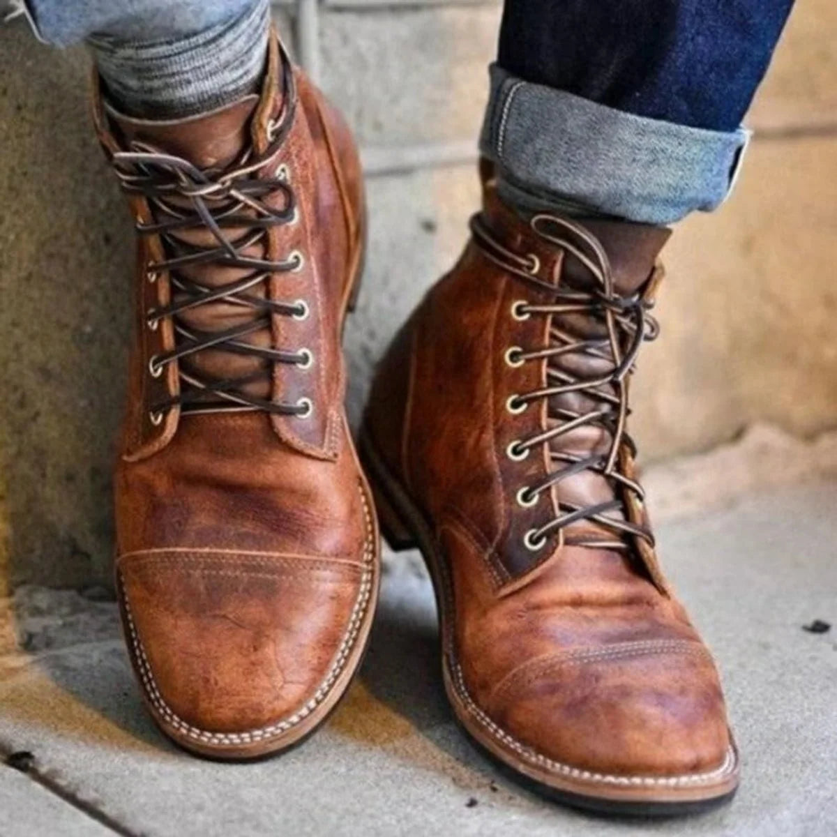 Nuana | Herren Schnürstiefel Klassische Leder Boots Robuste Gummisohle