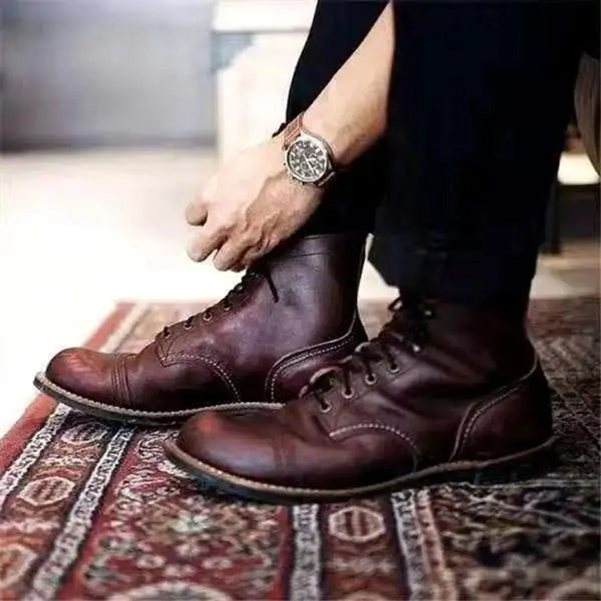 Nuana | Herren Schnürstiefel Klassische Leder Boots Robuste Gummisohle