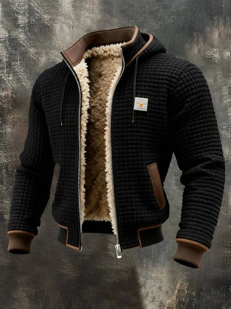 Nuana | Herren Steppjacke mit Fleecefutter Kapuze Reißverschluss Lederdetails