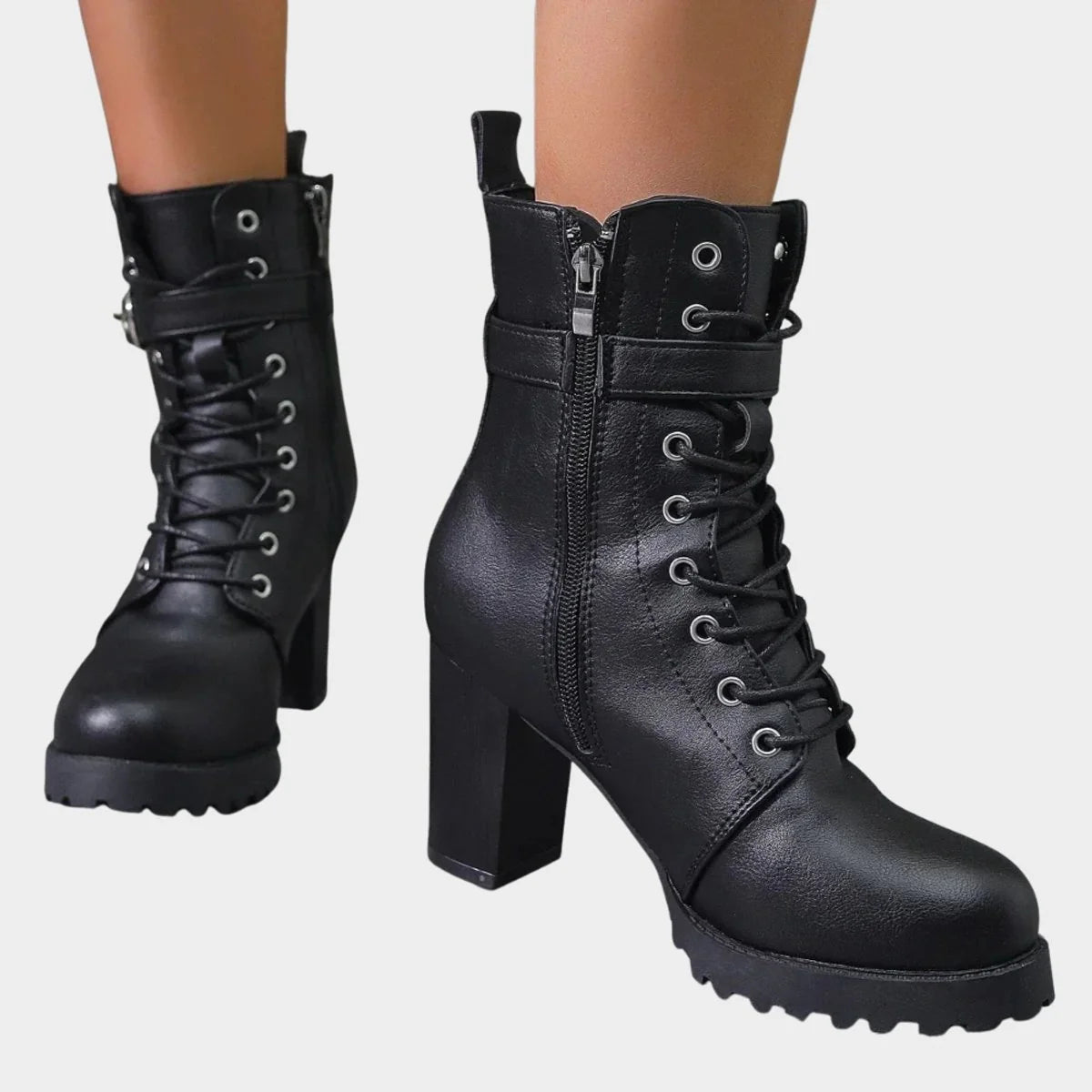 Nuana Katharina | Damen Schnürer-Ankle-Boots mit Blockabsatz und Schnalle