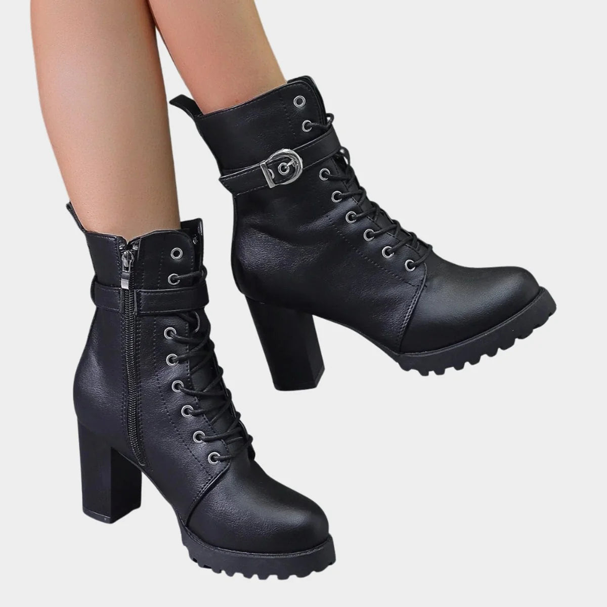 Nuana Katharina | Damen Schnürer-Ankle-Boots mit Blockabsatz und Schnalle