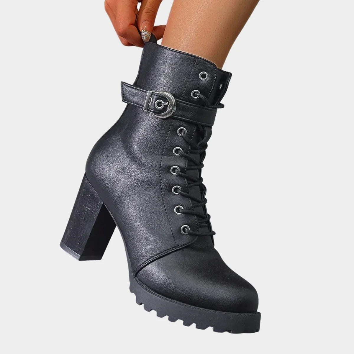 Nuana Katharina | Damen Schnürer-Ankle-Boots mit Blockabsatz und Schnalle