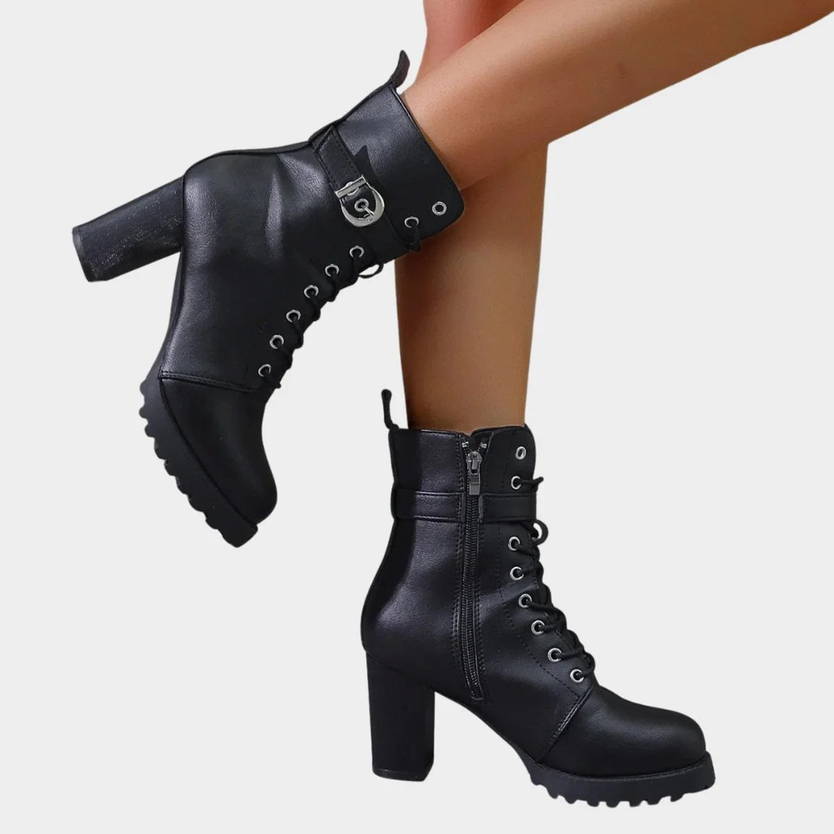 Nuana Katharina | Damen Schnürer-Ankle-Boots mit Blockabsatz und Schnalle