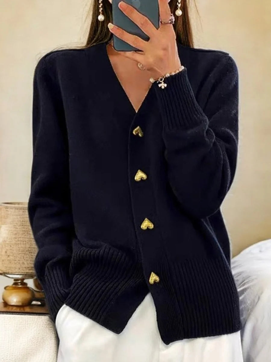 Nuana Leonie | Damen V-Ausschnitt Strick-Cardigan mit Herzknöpfen Relaxed Fit