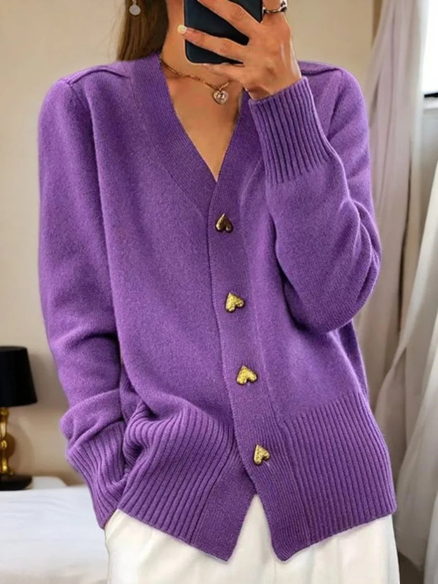 Nuana Leonie | Damen V-Ausschnitt Strick-Cardigan mit Herzknöpfen Relaxed Fit