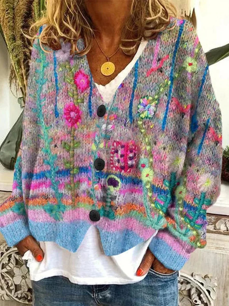 Nuana Marie | Damen Retro Blumen-Cardigan mit Knopfleiste in Buntem Strickdesign