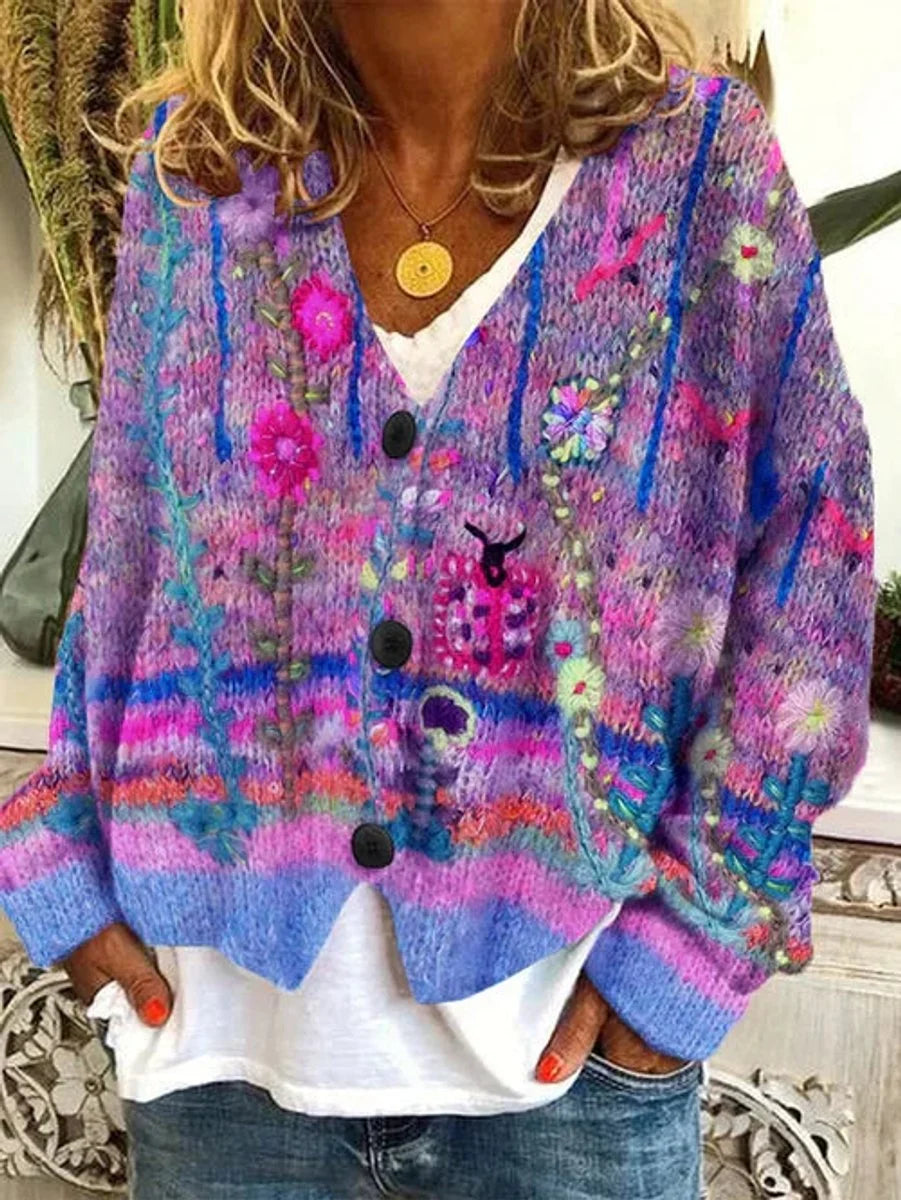 Nuana Marie | Damen Retro Blumen-Cardigan mit Knopfleiste in Buntem Strickdesign