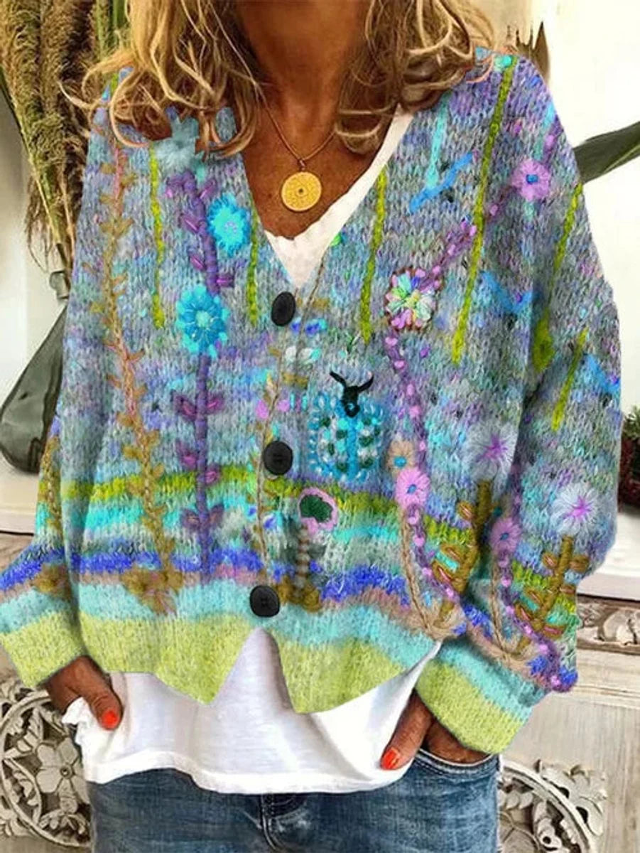 Nuana Marie | Damen Retro Blumen-Cardigan mit Knopfleiste in Buntem Strickdesign