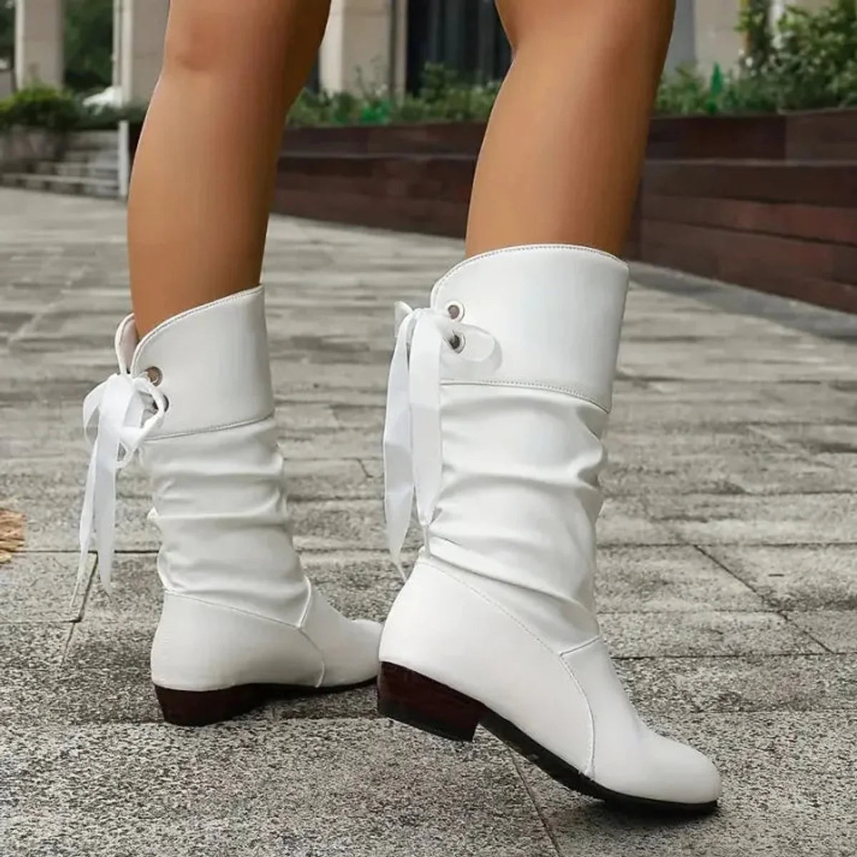 Nuana Marie Damen Wadenhohe Schnür-Ankle-Boots mit Blockabsatz aus Kunstleder