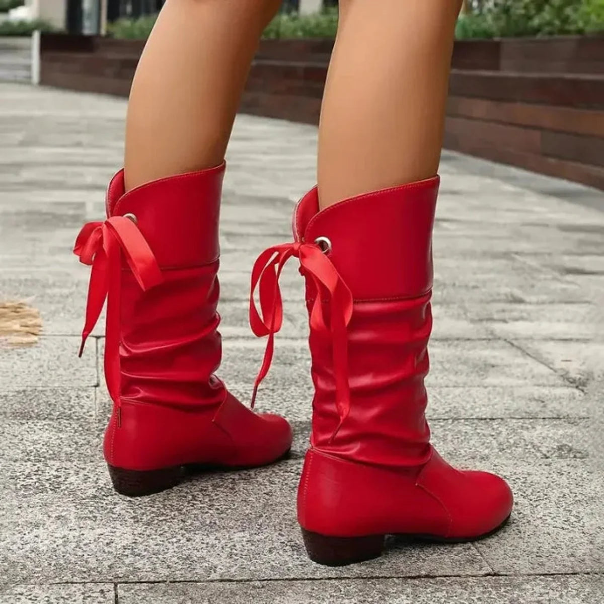 Nuana Marie Damen Wadenhohe Schnür-Ankle-Boots mit Blockabsatz aus Kunstleder