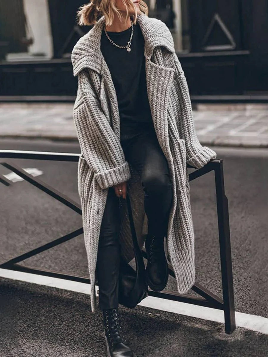 Nuana Marlene Damen Oversized Grobstrick-Cardigan mit Revers und Knöpfen