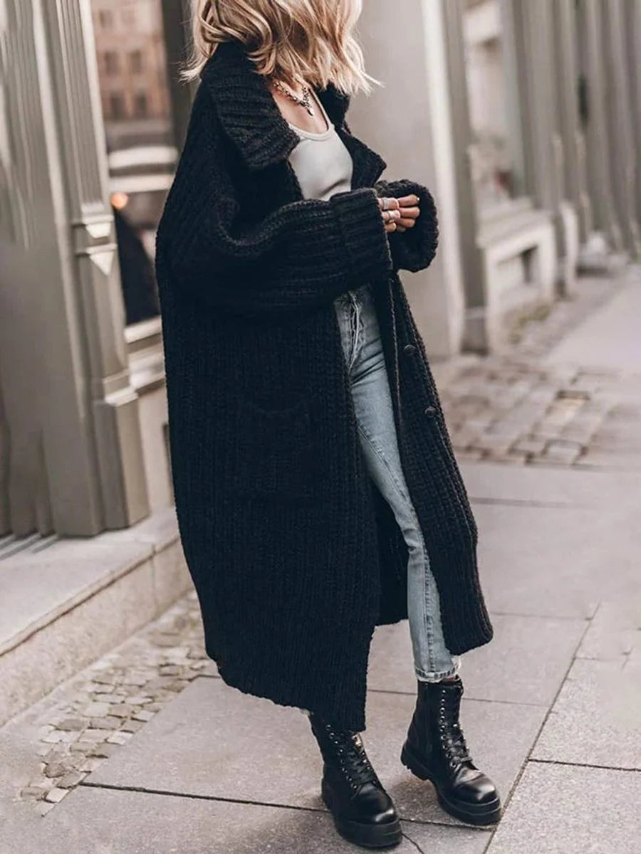 Nuana Marlene Damen Oversized Grobstrick-Cardigan mit Revers und Knöpfen