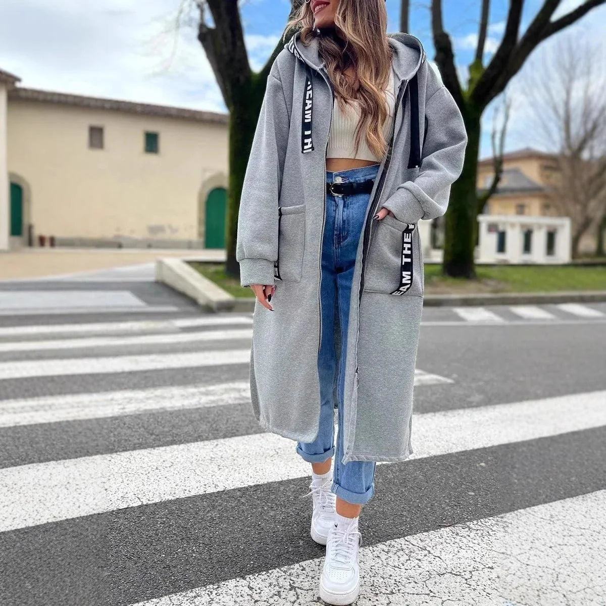 Nuana Marlene Damen Oversized Hoodie Coat Langer Kapuzenmantel