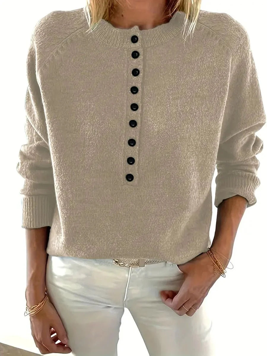 Nuana Marlene Damen Strickpullover mit V-Ausschnitt und Halber Knopfleiste