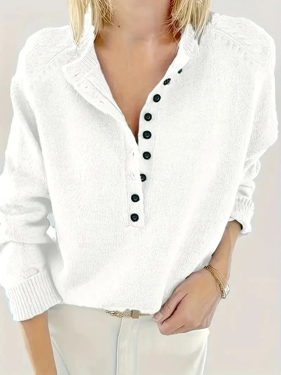 Nuana Marlene Damen Strickpullover mit V-Ausschnitt und Halber Knopfleiste
