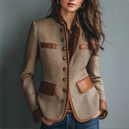 Nuana Marlene Damen Taillierter Tweed-Blazer Kunstleder-Besatz Knopfleiste