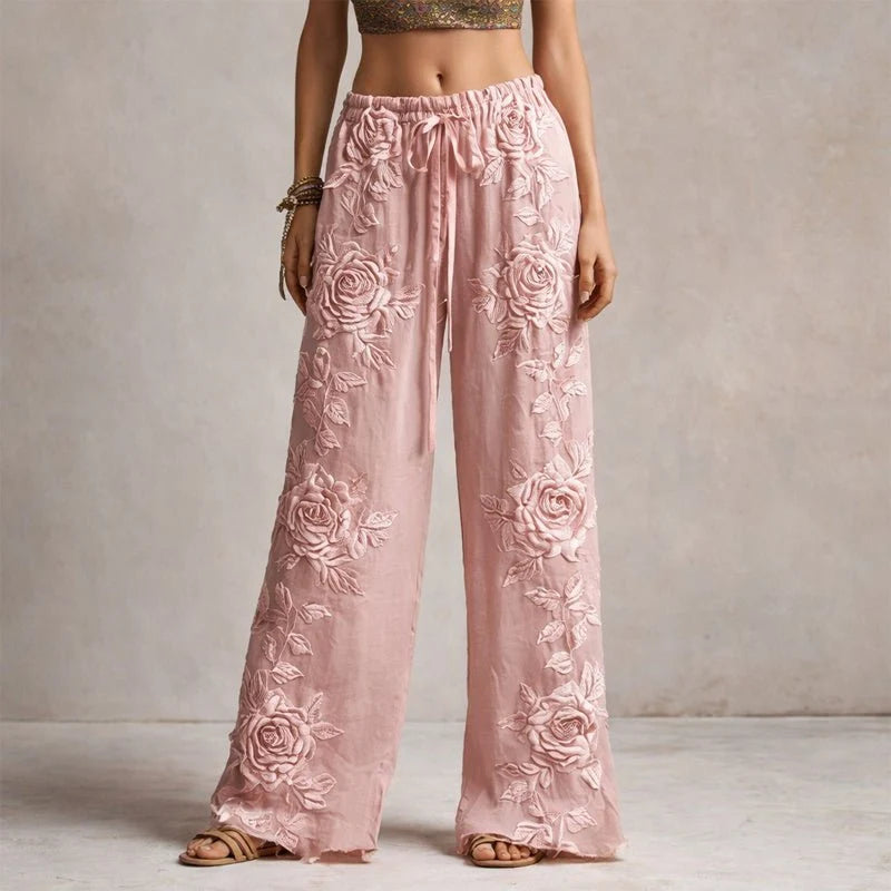 Nuana Marlene Damen Weite Hose mit Blumenstickerei und Kordelzug