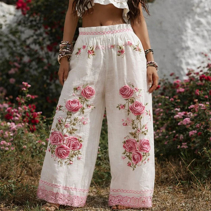 Nuana Marlene Damen Weite Hose mit Blumenstickerei und Kordelzug