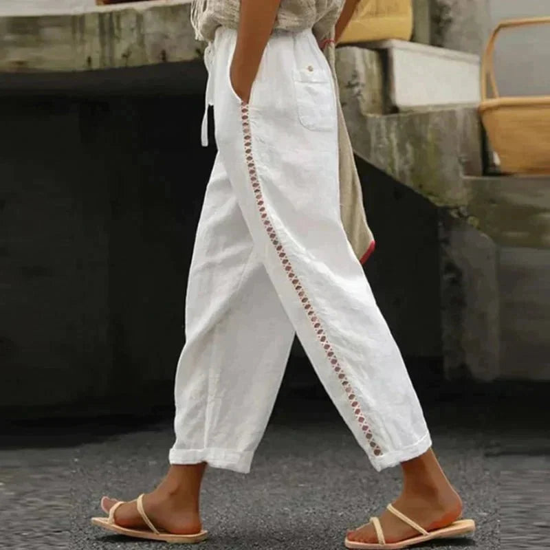 Nuana Mia | Damen High-Waist Leinen-Hose mit seitlichen Knöpfen