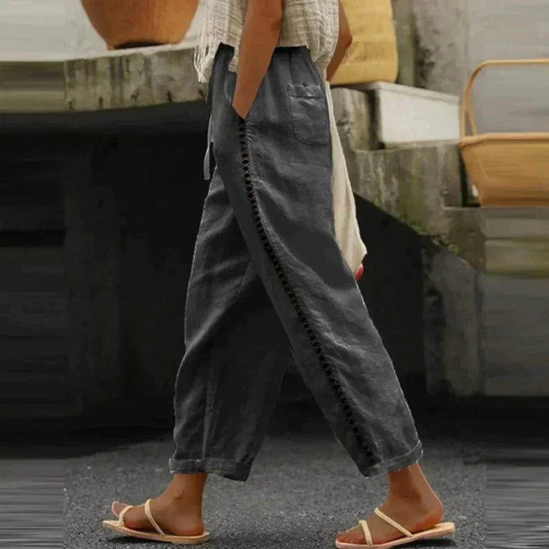 Nuana Mia | Damen High-Waist Leinen-Hose mit seitlichen Knöpfen