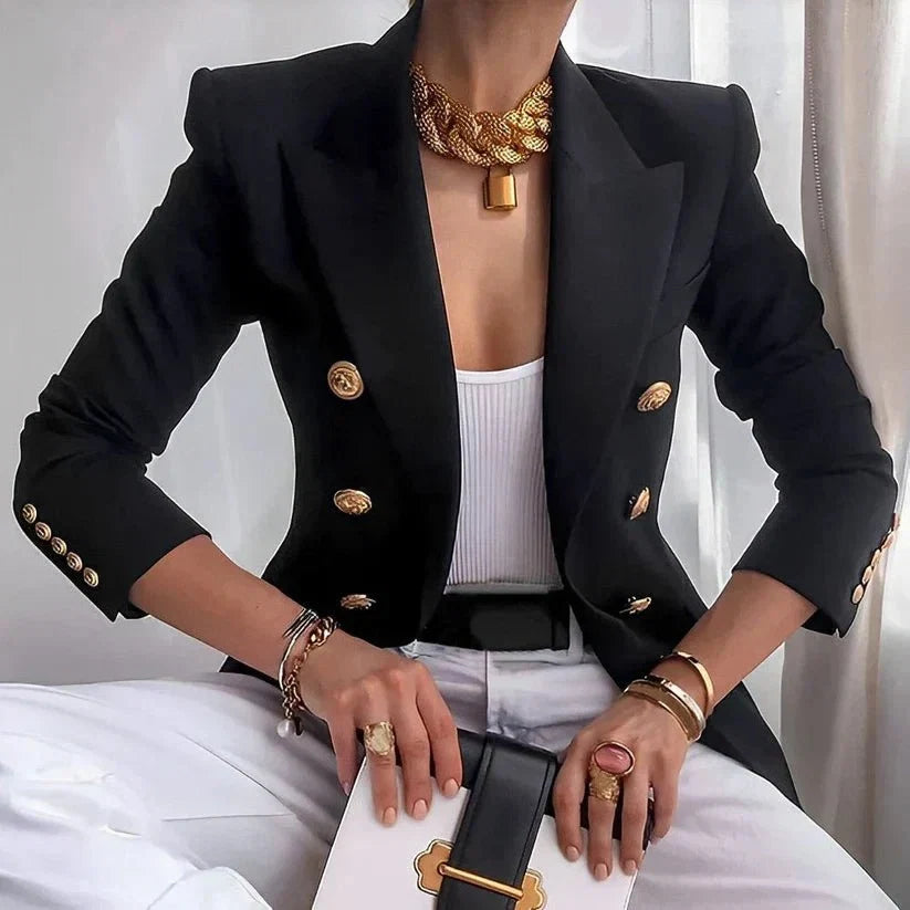 Nuana Mia Damen Zweireihiger Blazer Goldknöpfe Strukturierte Schultern