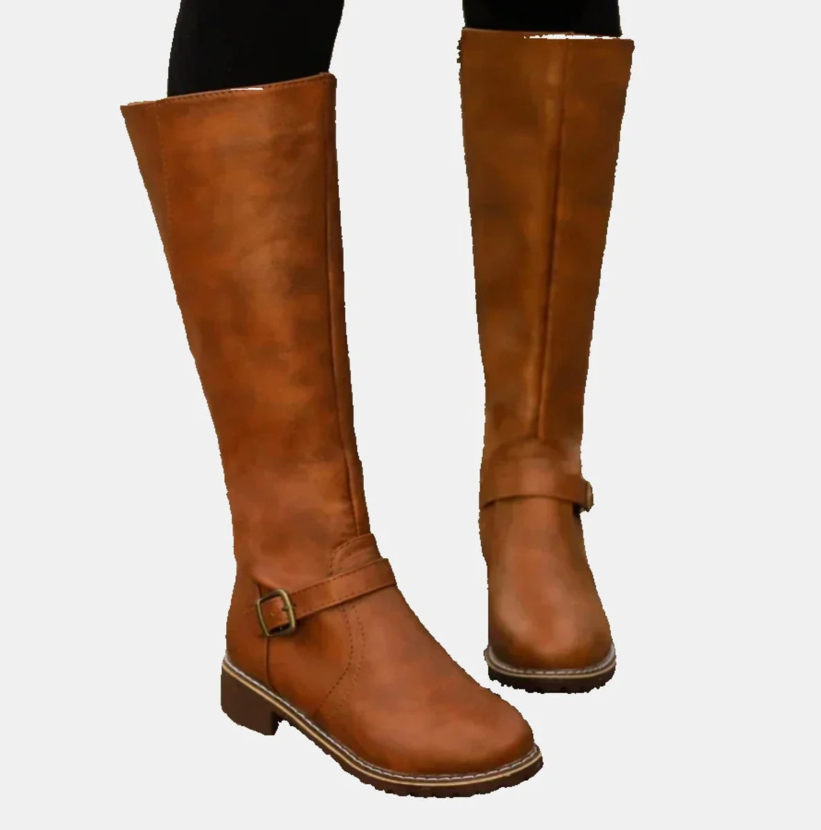 Nuana Nora | Damen Kniehohe Stiefel Kunstleder Schnalle Reißverschluss