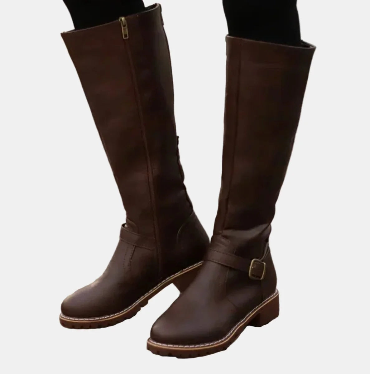 Nuana Nora | Damen Kniehohe Stiefel Kunstleder Schnalle Reißverschluss