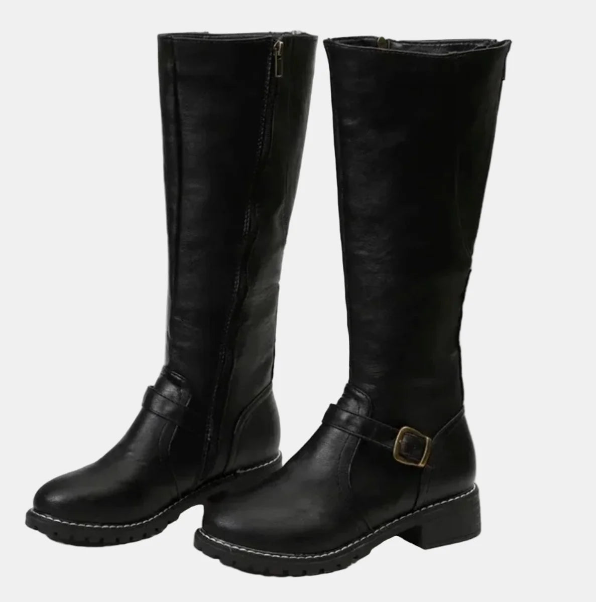 Nuana Nora | Damen Kniehohe Stiefel Kunstleder Schnalle Reißverschluss