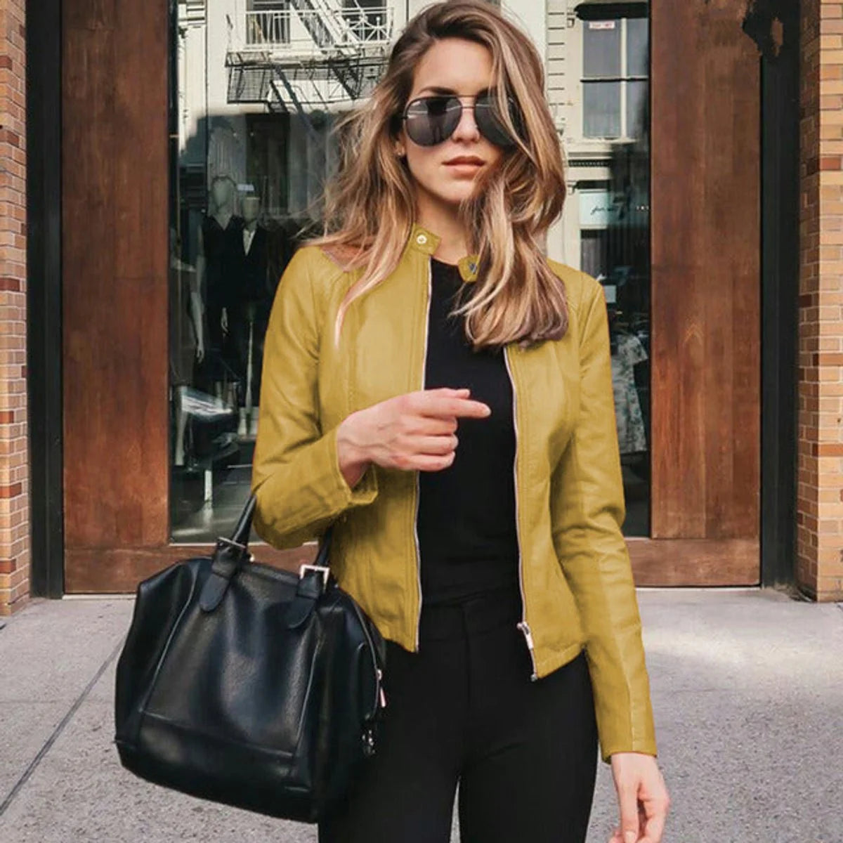 Nuana Sophie | Damen Slim-Fit Kunstleder Bikerjacke mit Reißverschluss