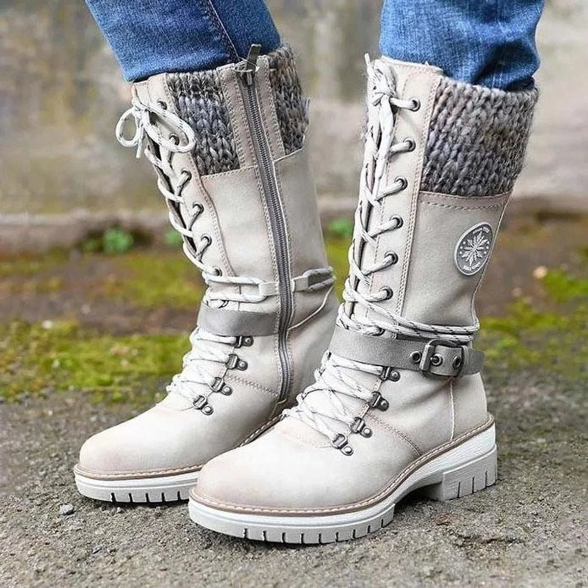 Nuana | Stiefel Damen Wasserfeste Schnürstiefel Kunstleder Strickschaft Schnalle