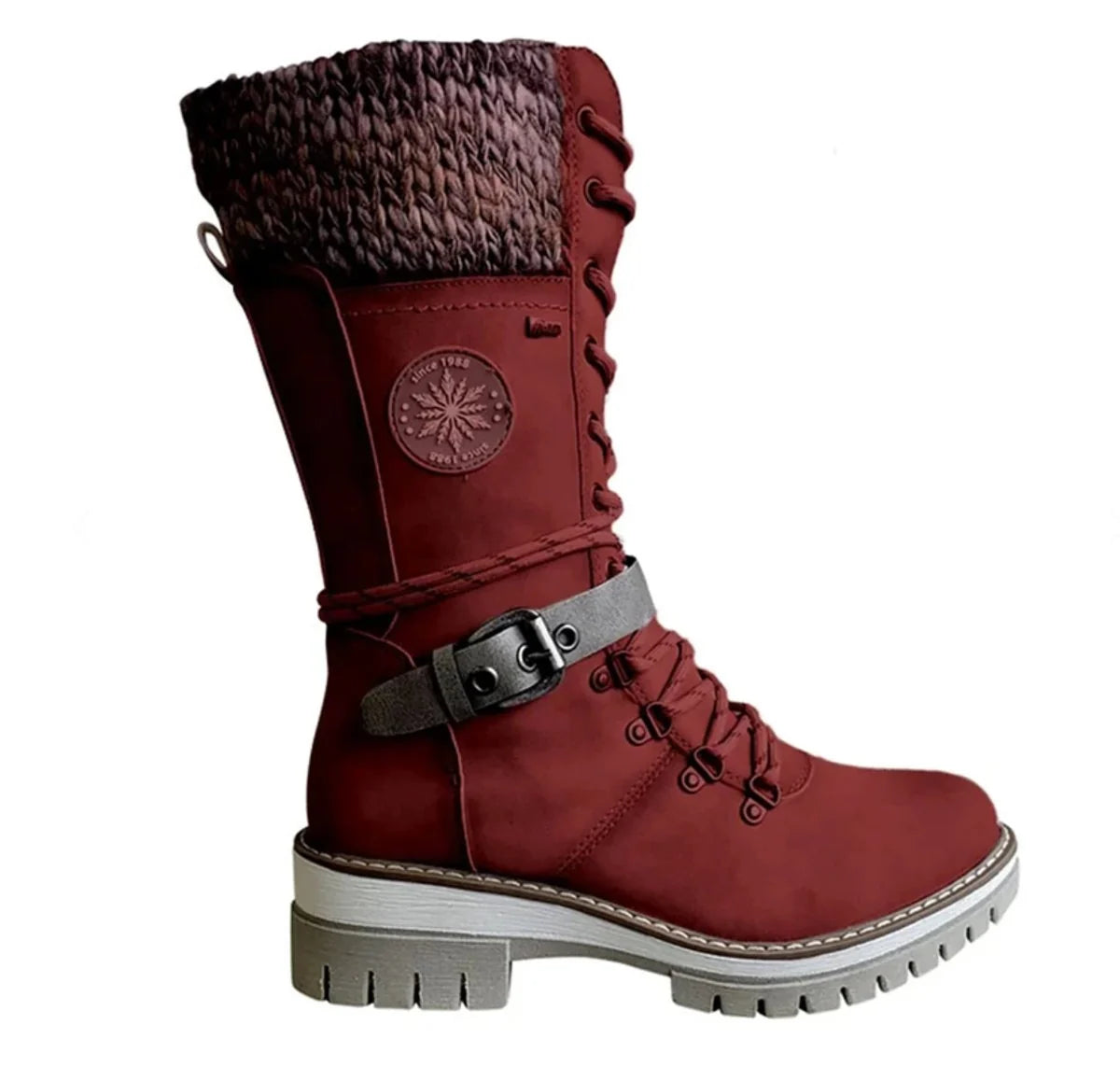 Nuana | Stiefel Damen Wasserfeste Schnürstiefel Kunstleder Strickschaft Schnalle