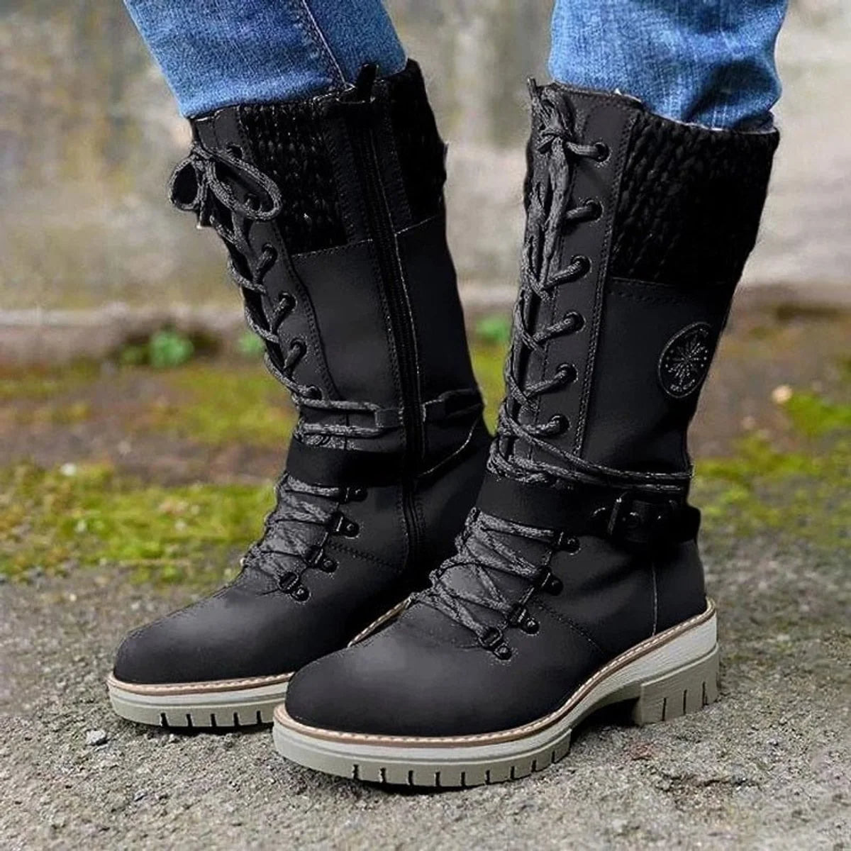 Nuana | Stiefel Damen Wasserfeste Schnürstiefel Kunstleder Strickschaft Schnalle