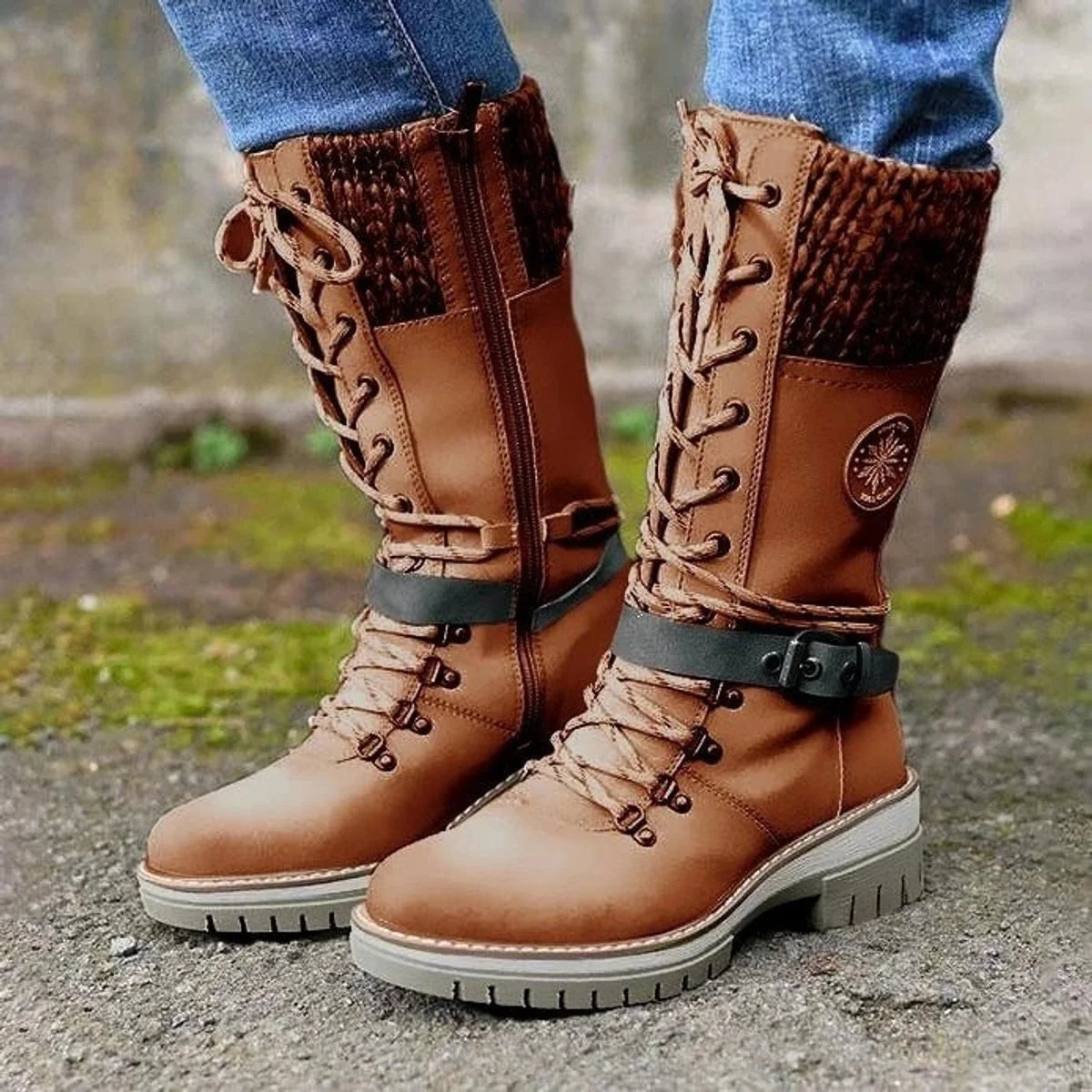 Nuana | Stiefel Damen Wasserfeste Schnürstiefel Kunstleder Strickschaft Schnalle
