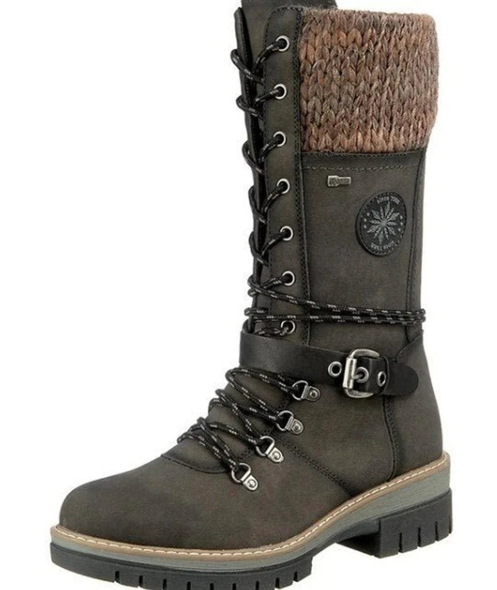 Nuana | Stiefel Damen Wasserfeste Schnürstiefel Kunstleder Strickschaft Schnalle