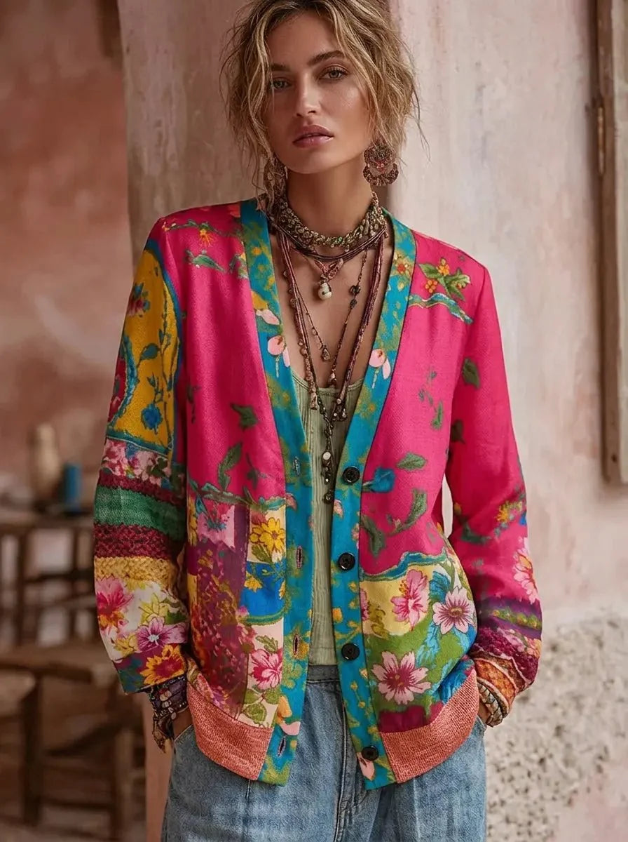 Nuana | Strickjacke Damen Floraler Patchwork-Cardigan V-Ausschnitt Langarm