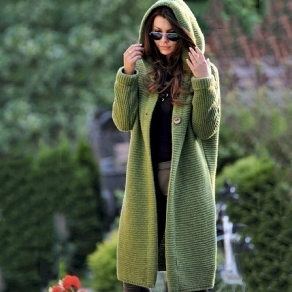 Nuana | Strickjacke Damen Lang Kapuze Grob Gestrickt Cardigan