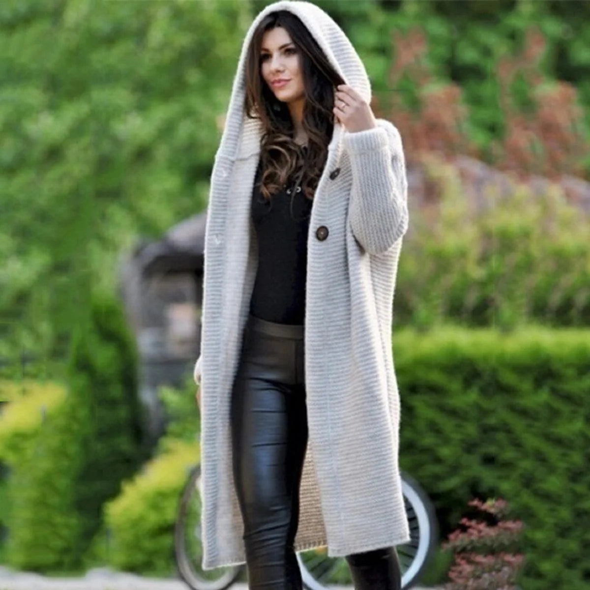Nuana | Strickjacke Damen Lang Kapuze Grob Gestrickt Cardigan