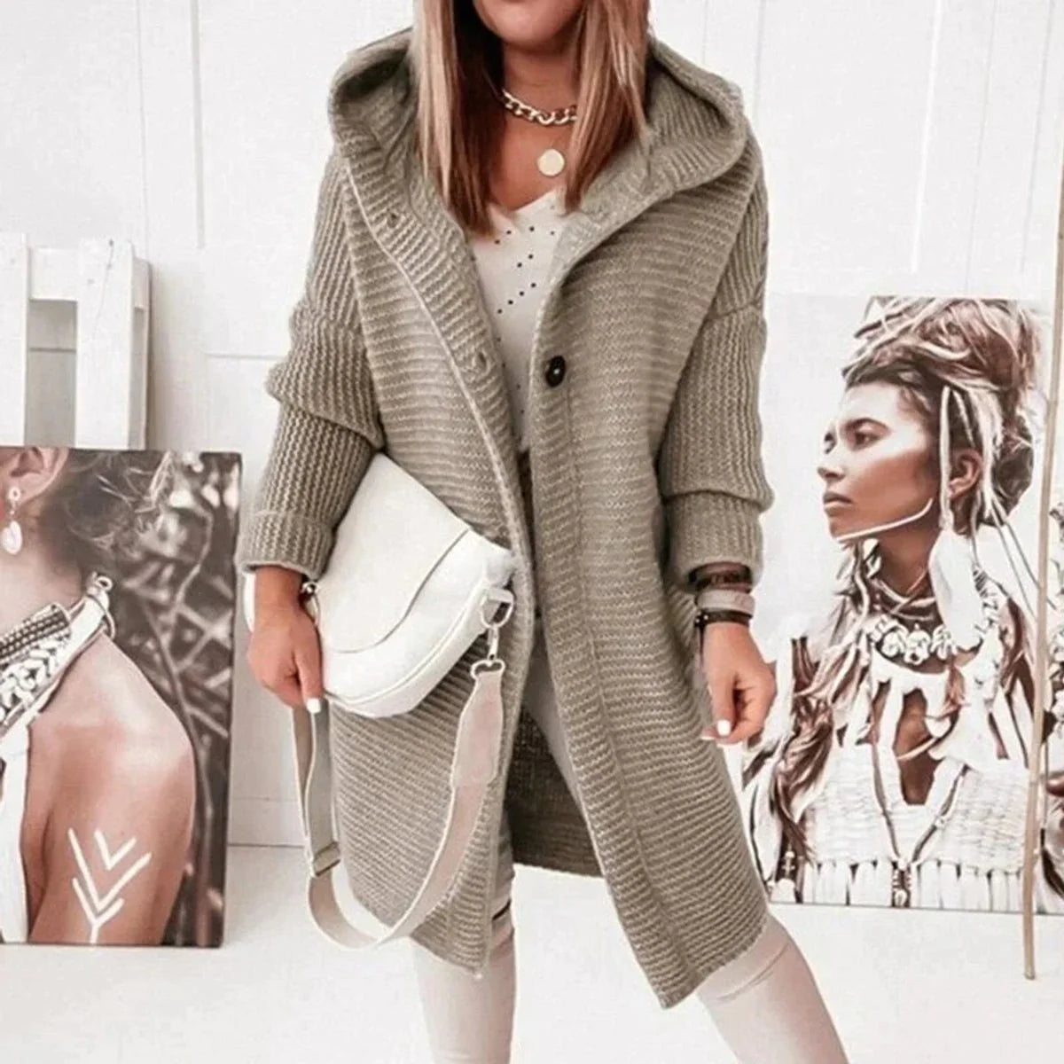 Nuana | Strickjacke Damen Lang Warm Kapuze Knopfleiste Oversized