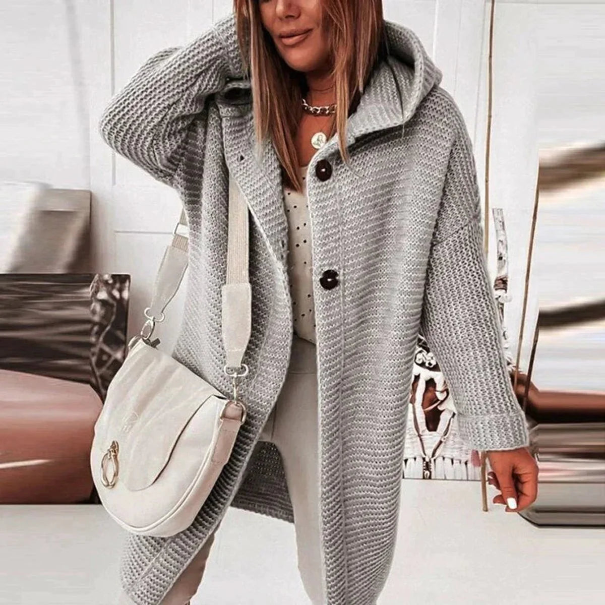 Nuana | Strickjacke Damen Lang Warm Kapuze Knopfleiste Oversized