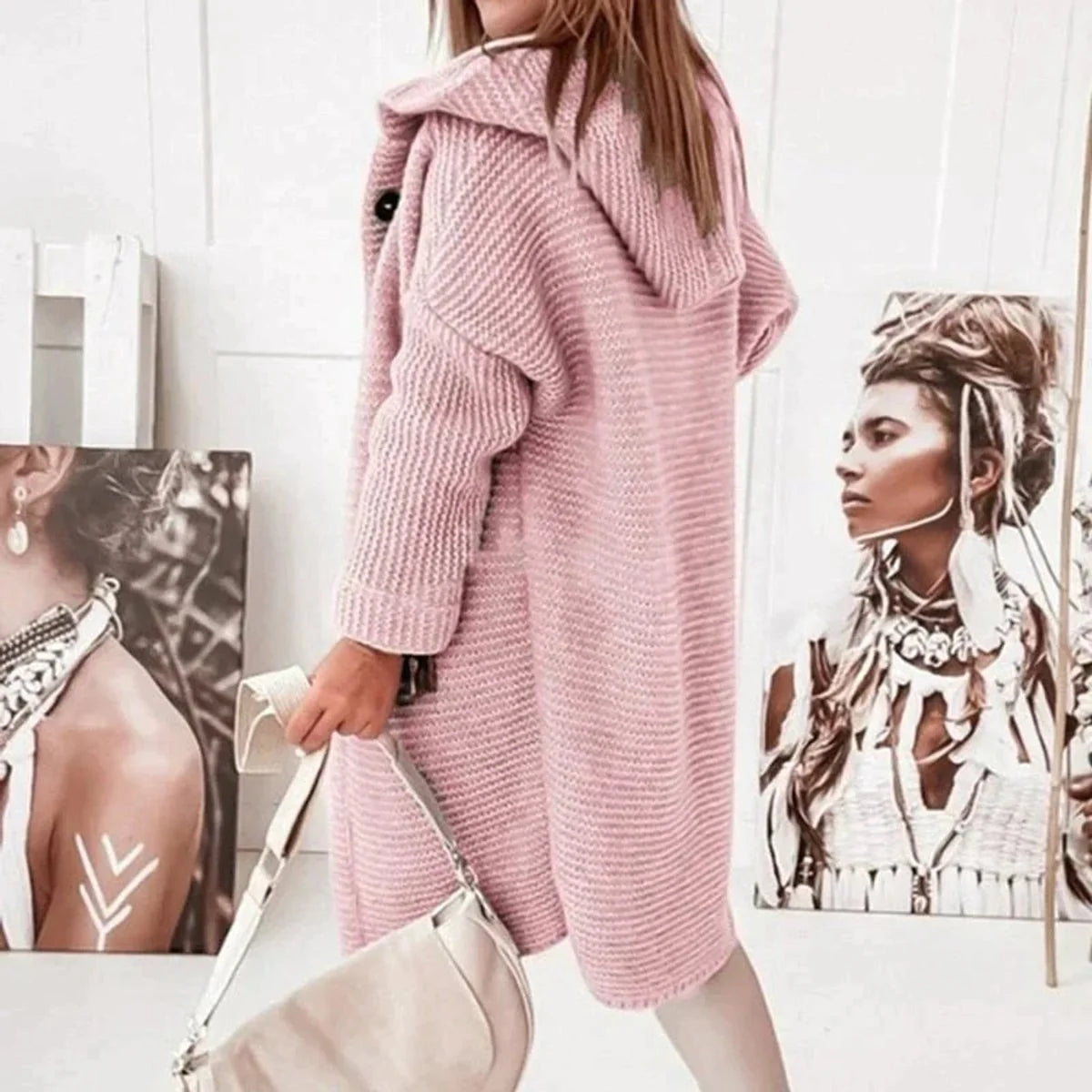 Nuana | Strickjacke Damen Lang Warm Kapuze Knopfleiste Oversized