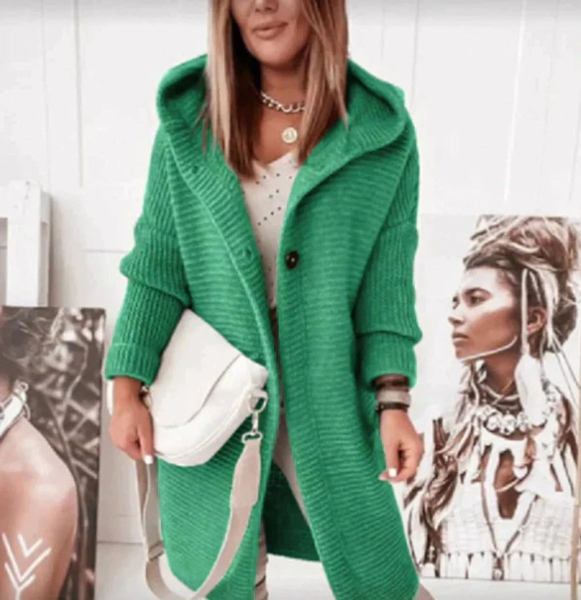 Nuana | Strickjacke Damen Lang Warm Kapuze Knopfleiste Oversized