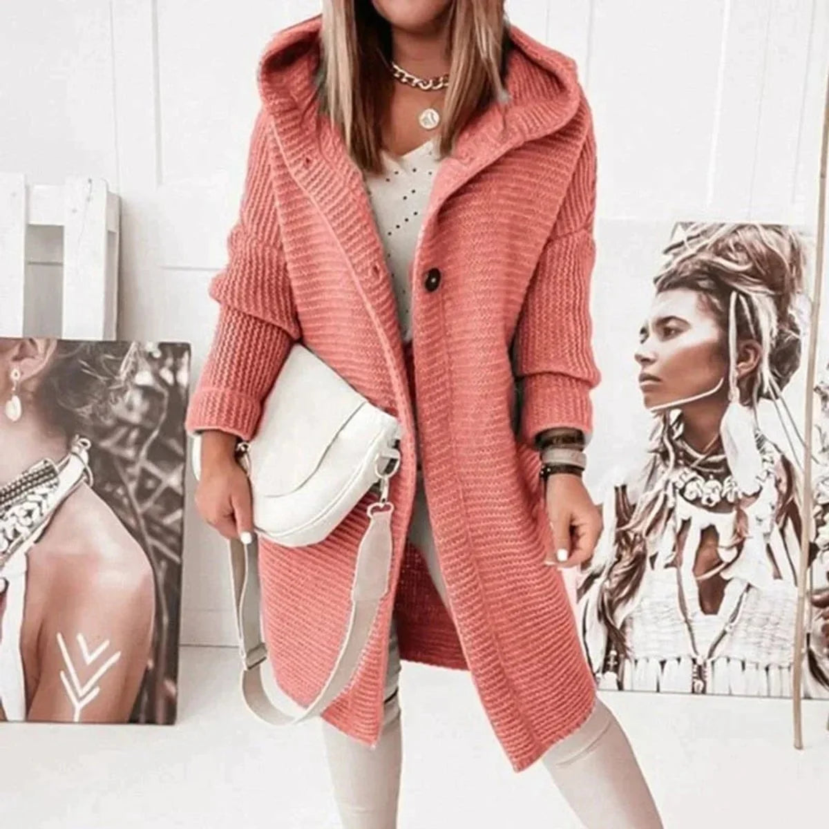 Nuana | Strickjacke Damen Lang Warm Kapuze Knopfleiste Oversized