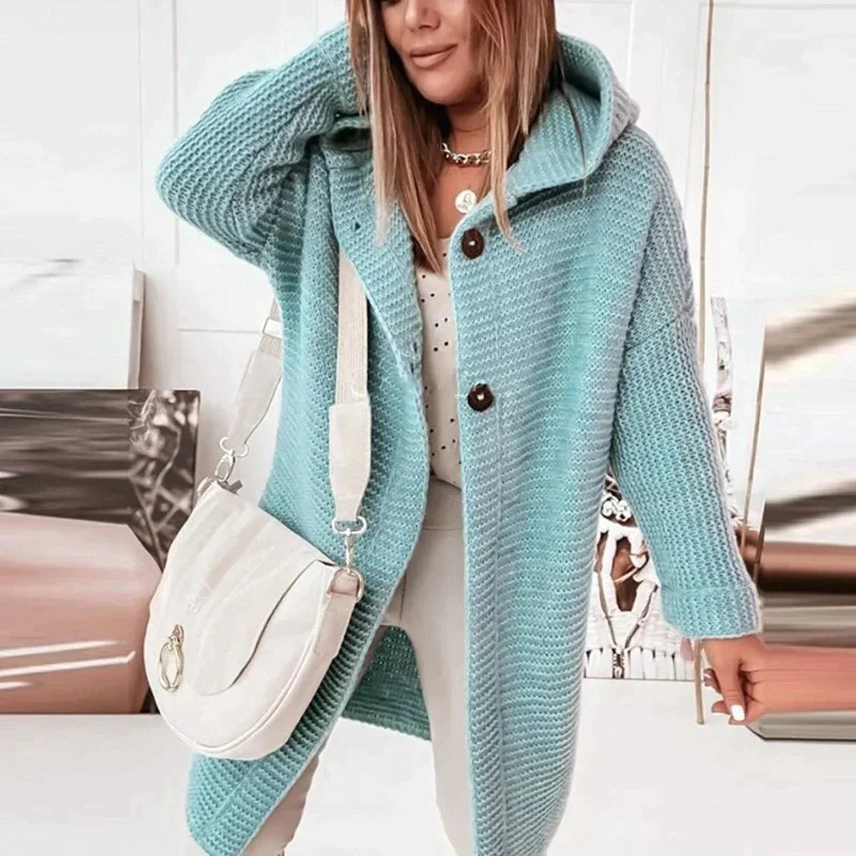 Nuana | Strickjacke Damen Lang Warm Kapuze Knopfleiste Oversized