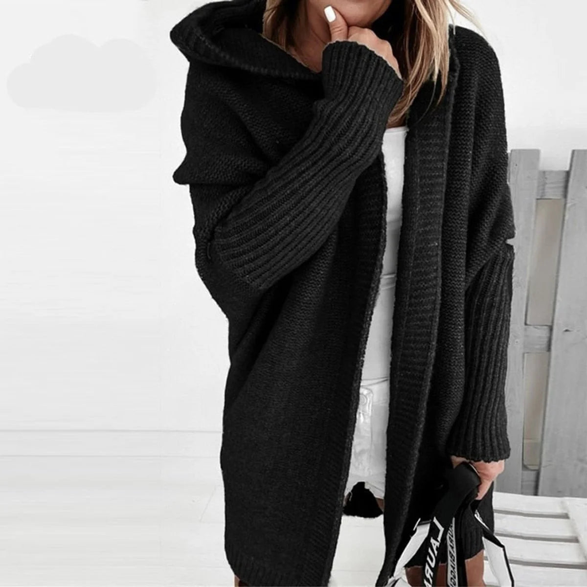 Nuana | Strickjacke Damen Oversized Kapuzen Cardigan mit Fledermausärmeln