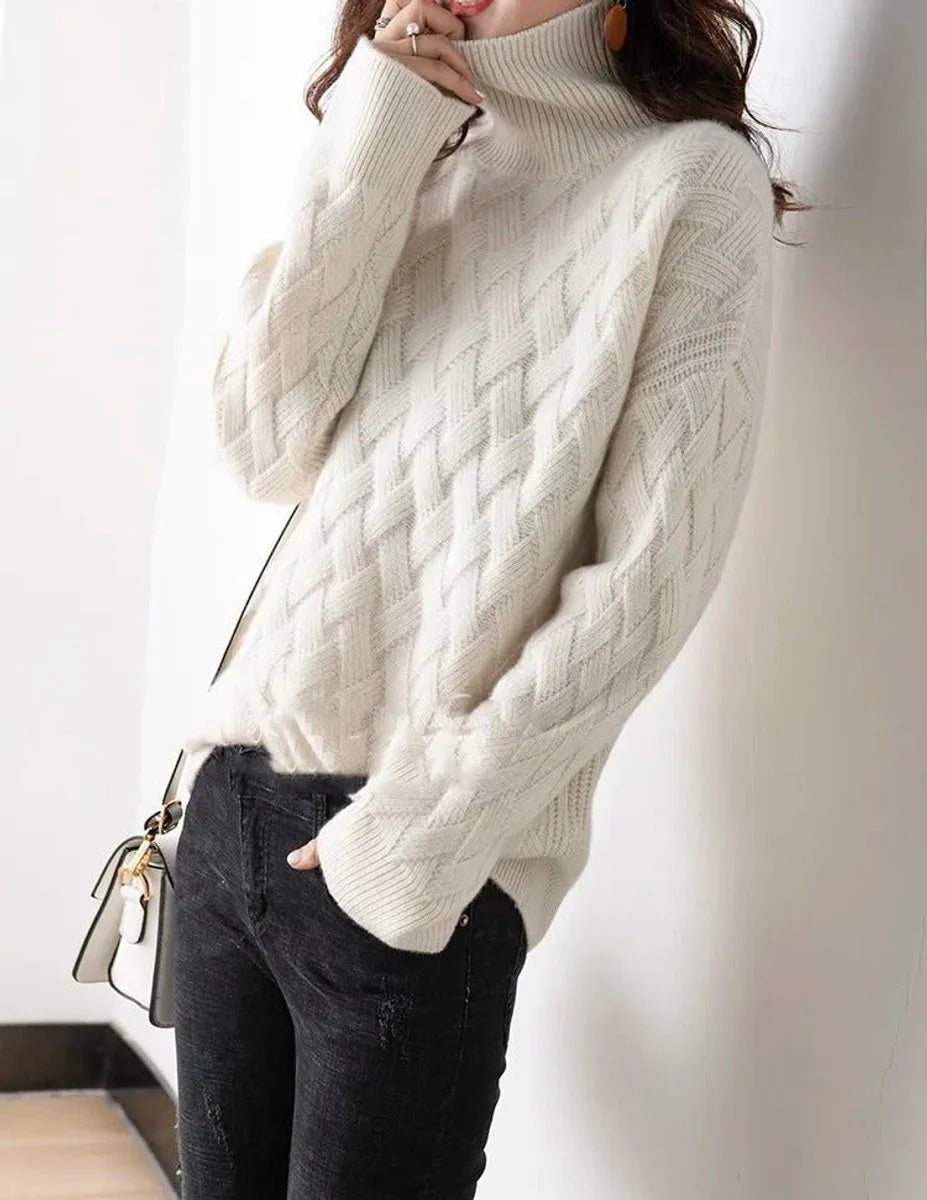 Nuana | Strickpullover Damen Rollkragen Zopfmuster Kashmirweicher Oversized Pullover