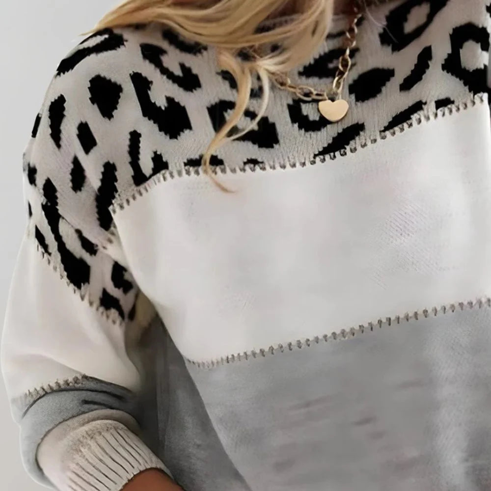 Nuana Viola | Damen Weicher Strickpullover mit Farbblock und Leopardenmuster