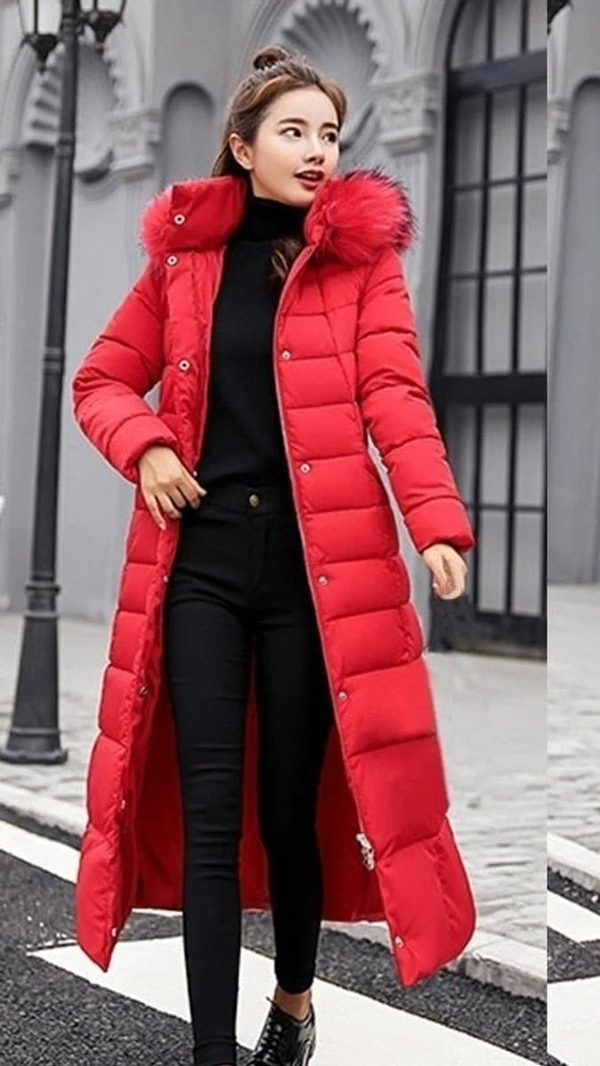 Nuana | Wollmantel Damen Langer Gesteppter Wintermantel mit Fellkapuze