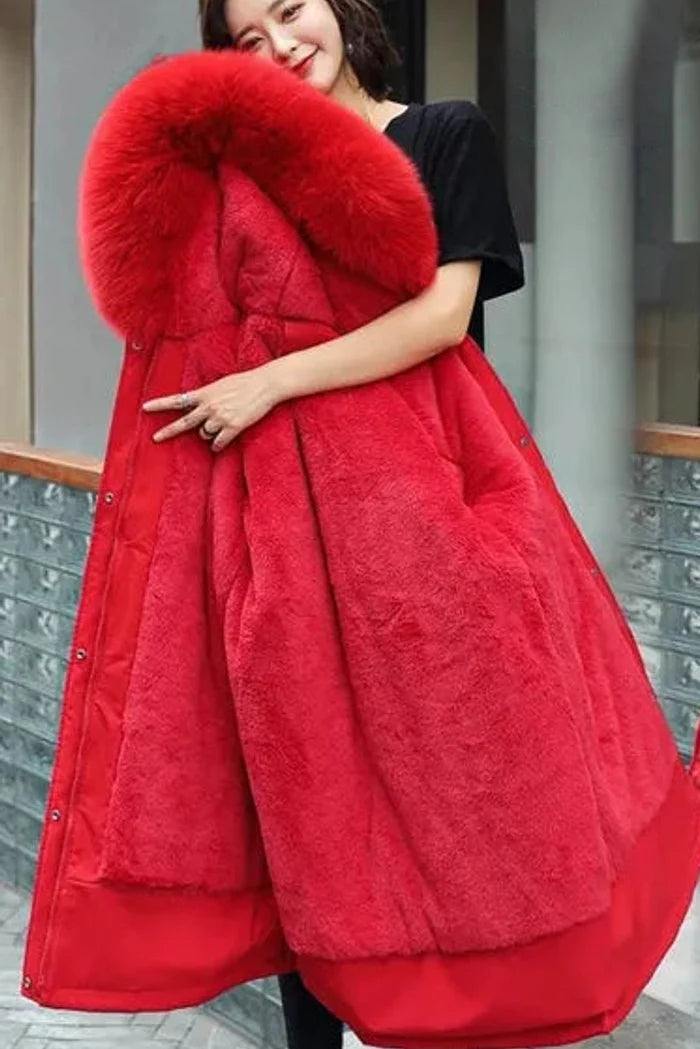 Nuana | Wollmantel Damen Langer Parka Kapuze Kunstpelzkragen Wintermantel