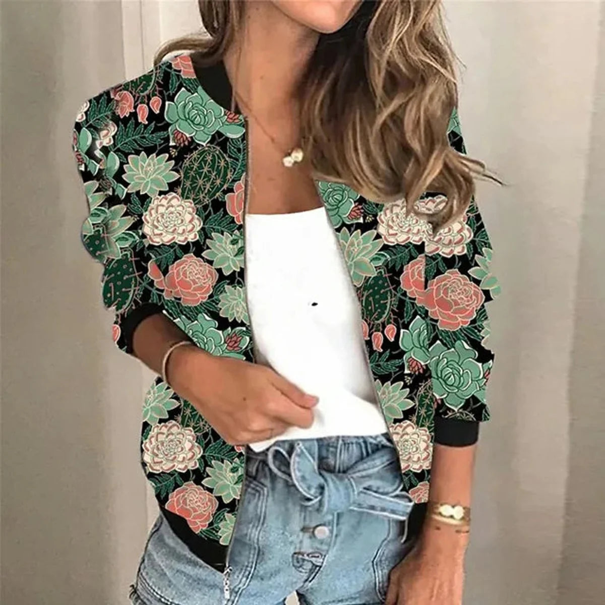 Sophie | Winterjacke Damen Blumen-Print Vintage Bomber-Jacke mit Reißverschluss